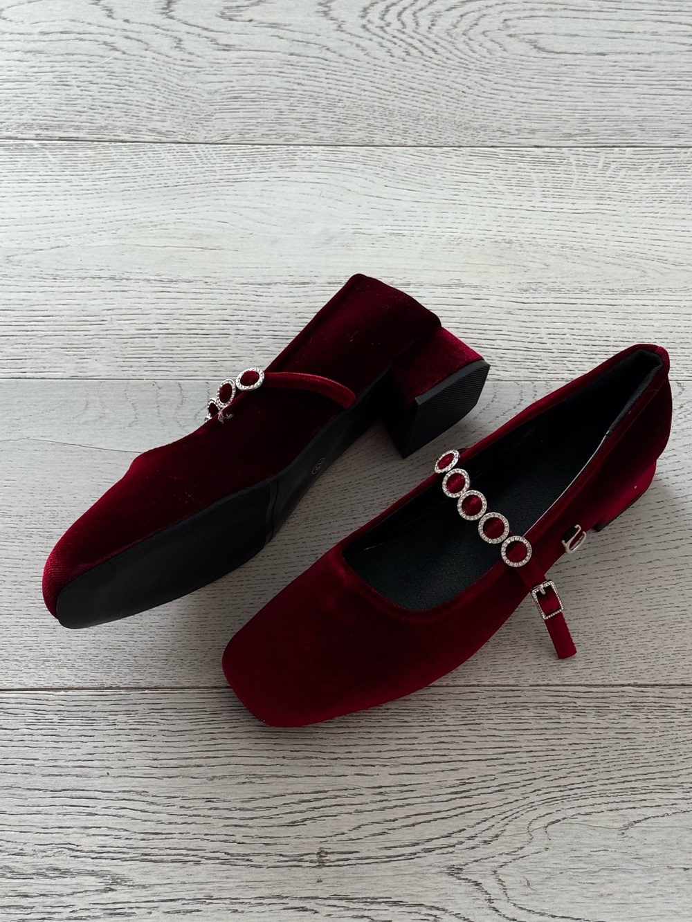 Women's Red Velvet Mary Jane Flats with Decorative Rhinestone Strap